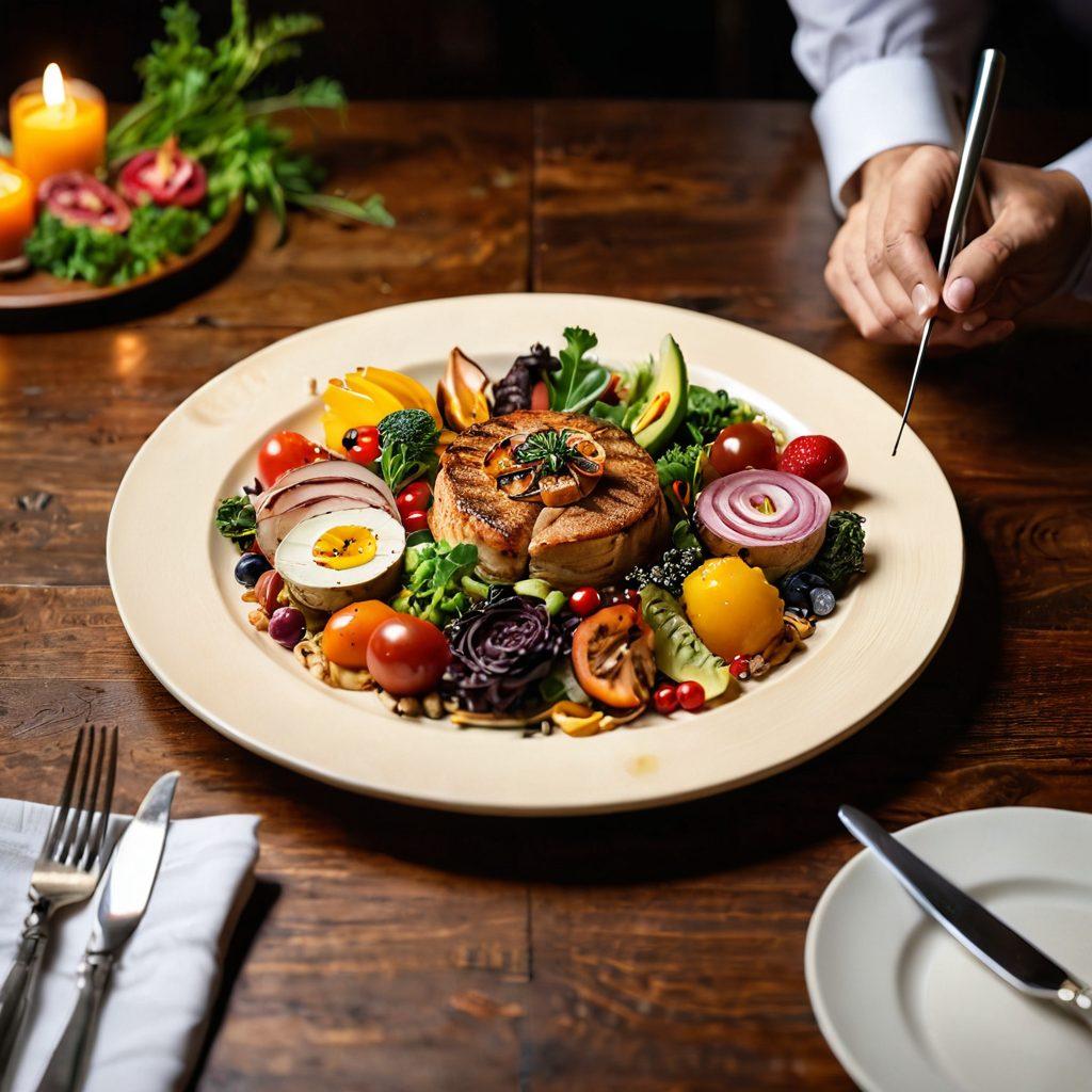 A beautifully arranged gourmet meal on an elegant wooden table, showcasing a vibrant plate of colorful food with intricate garnishes. Include a soft, warm light that highlights the textures and freshness of the ingredients, with a chef’s hand artfully garnishing the dish in the background. The setting should evoke a cozy yet sophisticated dining atmosphere. super-realistic. warm colors. soft focus.