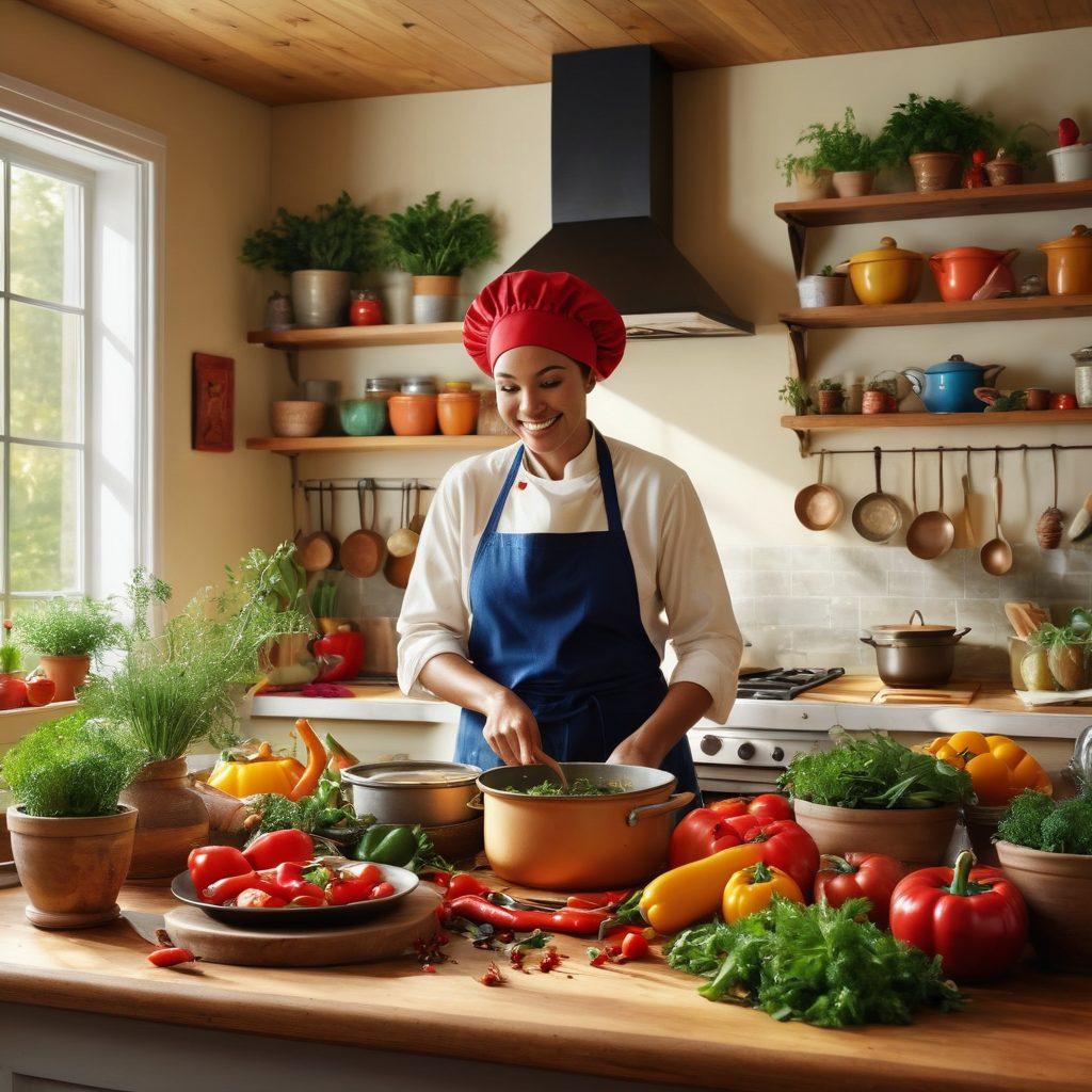 A cozy kitchen scene with a bright, sunlit atmosphere, featuring a wooden table adorned with colorful ingredients like fresh vegetables and spices, a whimsical chef's hat hanging on the wall, and a cheerful person stirring a vibrant dish in a pot while wearing an apron. The background should include cookbooks and fresh herbs in pots. super-realistic. vibrant colors. warm lighting.