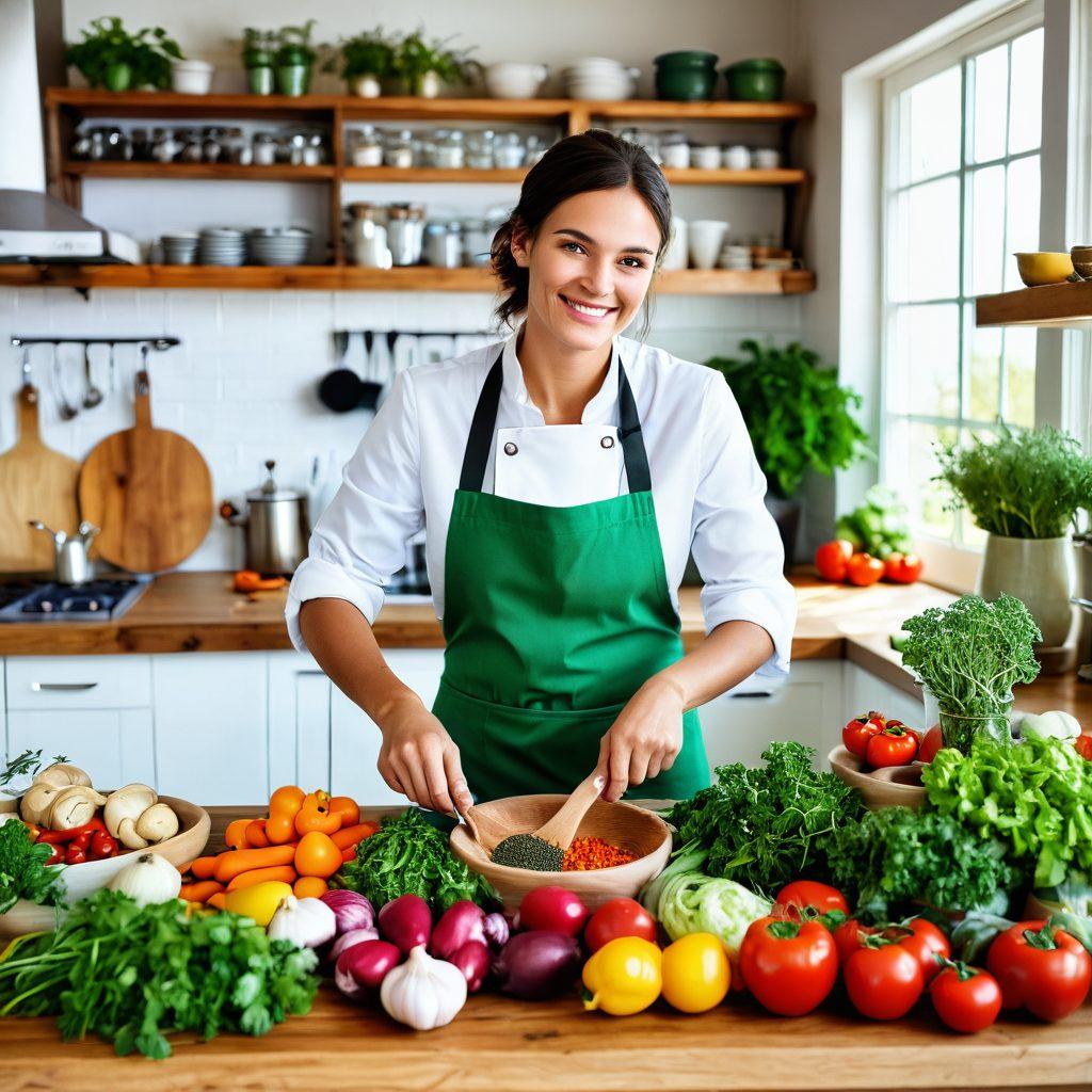 A vibrant kitchen filled with colorful ingredients - fresh herbs, ripe vegetables, and artisanal spices arranged artfully on a wooden counter. A joyful chef, wearing a bright apron, is playfully seasoning a gourmet dish with a sprinkle of herbs. Sunlight floods the space, enhancing the warm ambiance and evoking a sense of happiness and creativity in cooking. Illustrate a welcoming and lively atmosphere that inspires gourmet cooking. super-realistic. vibrant colors.